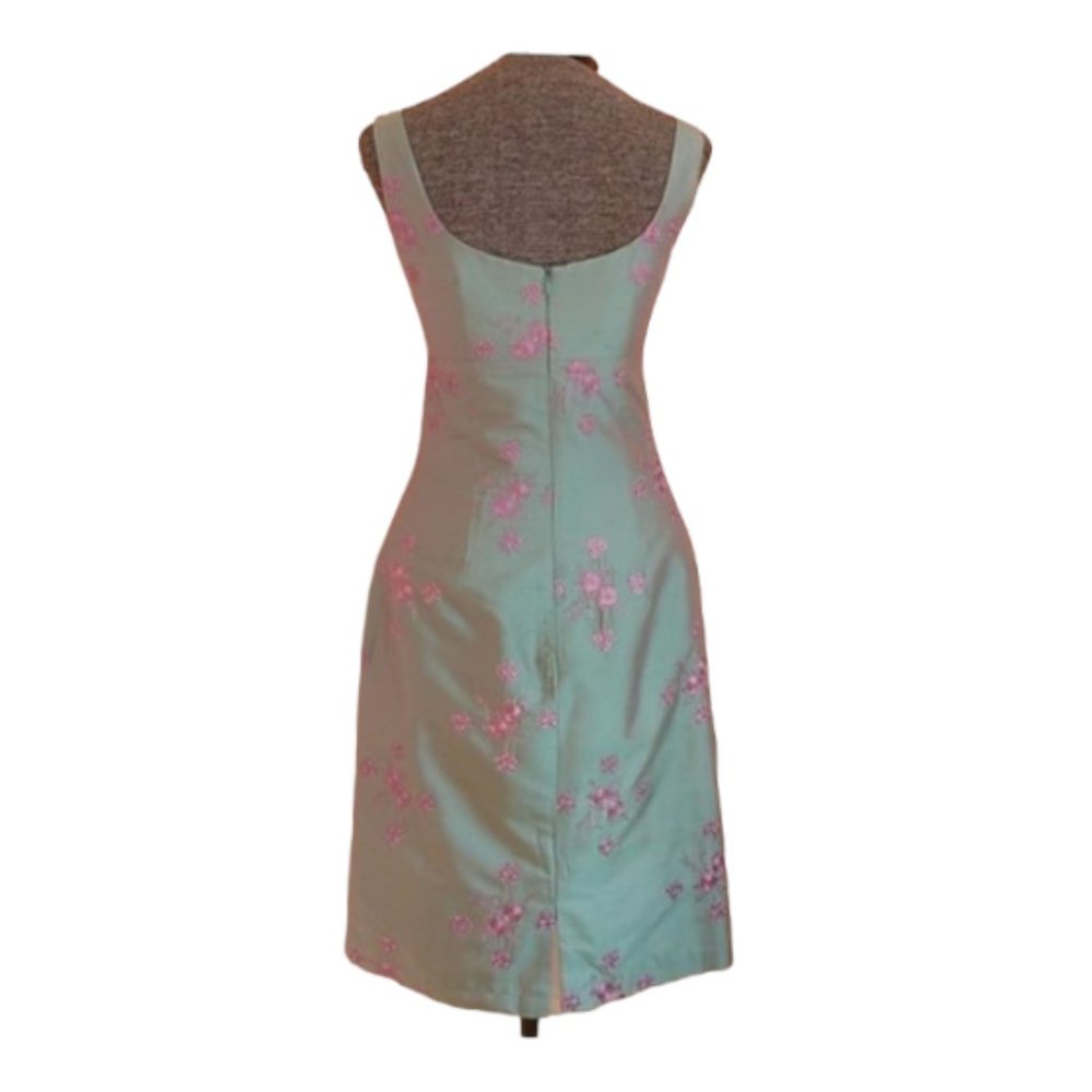 Nanette Lepore Rare Vintage Green Shimmer w/ Pink Floral Embroidery Silk Dress - Picture 3 of 14